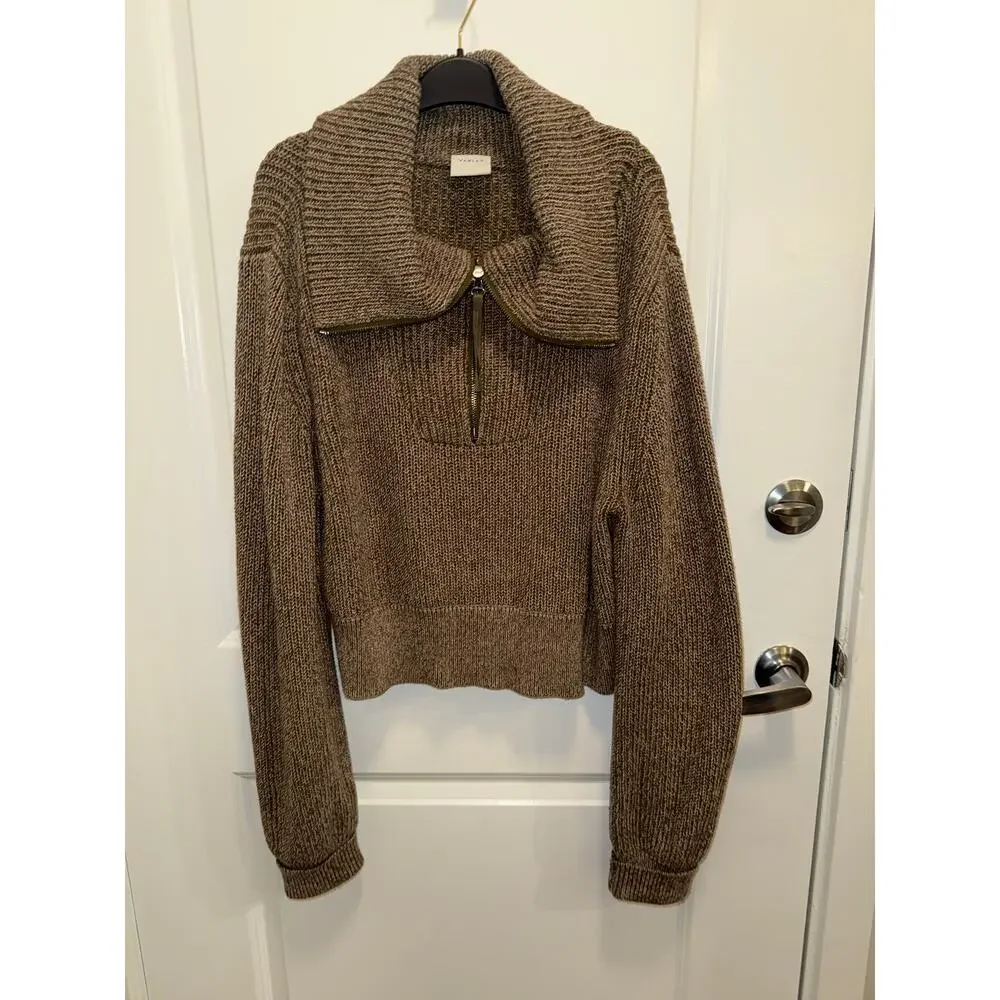 Varley Chunky Knit Quarter Zip Sweater Women Brown Oversized Collar Cozy